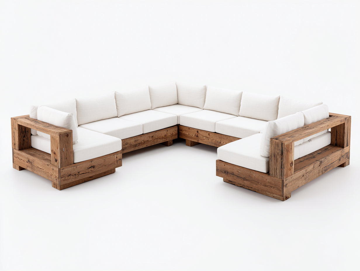 Divani da esterno - legno-tessuto - 330x255x76 cm - naturale-bianco - rustico