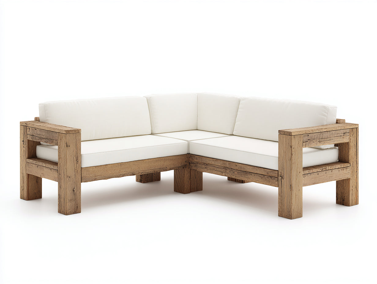 Divani da esterno - legno-tessuto - 255x225x75 cm - naturale-bianco - rustico