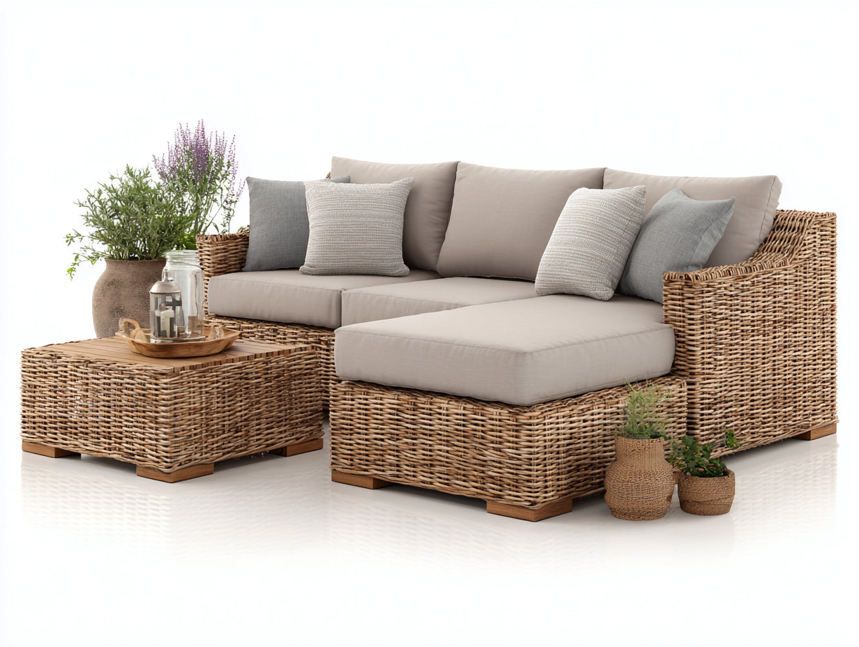 Divani da esterno - rattan-legno-tessuto - 275x205x78 cm - naturale-grigio beige - mediterraneo
