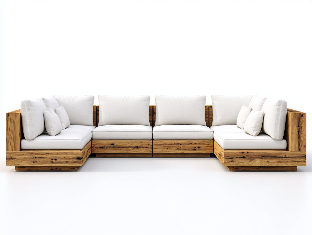 Divani da esterno - legno-tessuto - 360x170x74 cm - naturale-bianco - moderno