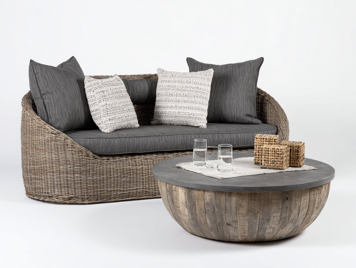 Divani da esterno - rattan-tessuto-legno - 238x96x76 cm - grigio naturale-grigio scuro - rustico